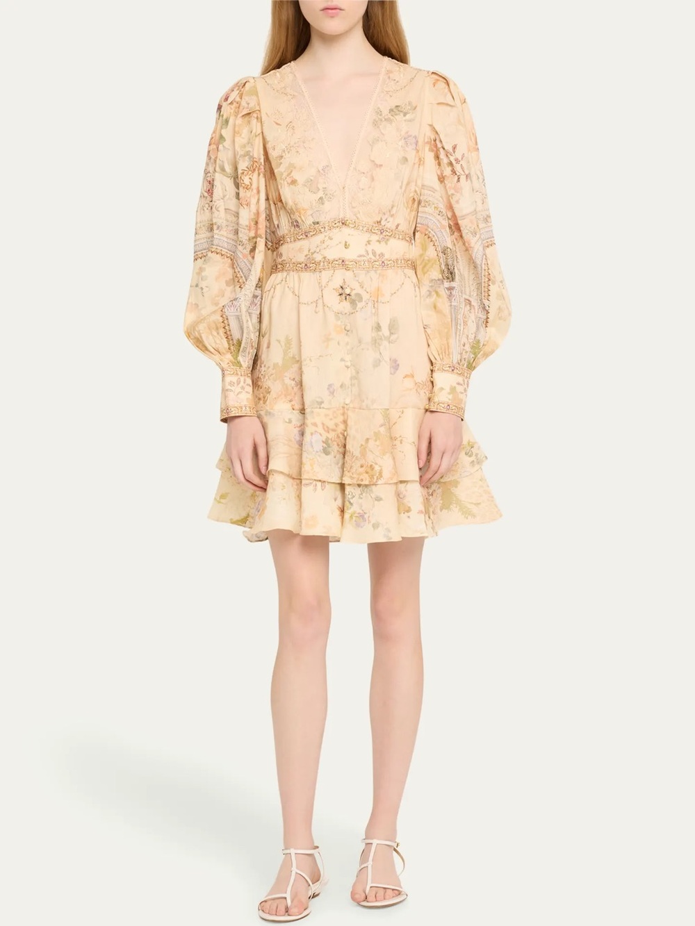 Camilla Linen and Silk Button-Front Frill Mini Dress